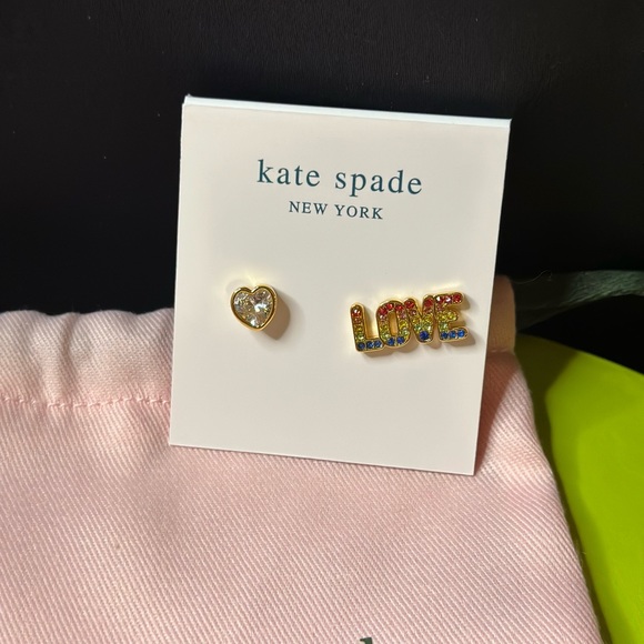 New Kate Spade 🌈 Rainbow “Love” & Heart ❤️ Mismatched  Stud Earrings w/Dust Bag - Picture 6 of 8
